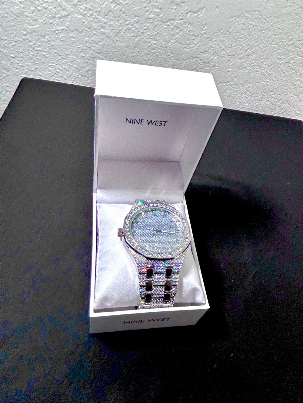 (New) Nine West Silver Crystal Pavé Bracelet Watch with Blue-Toned Dial with box